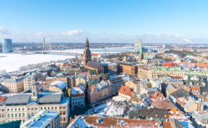 An aerial shot of the beautiful city of Riga in Latvia in winter