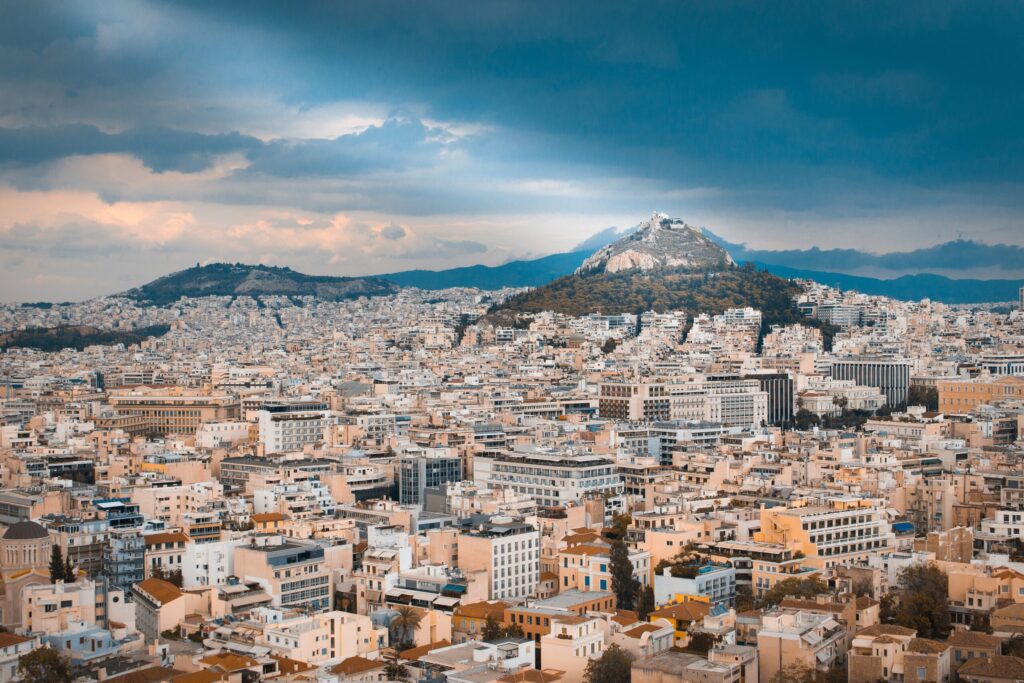 An aerial shot of Mount Lycabettus, Athens, Greece