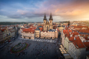 Aerial view of Old Town Square with Tyn Church at sunset - Prague, Czech Republic