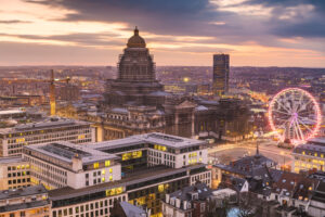 Brussels, Belgium cityscape at Palais de Justice during dusk.