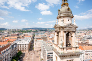 Aerial cityscape view from saint Stephen church on the old town with bell tower in Budapest city, Hungary