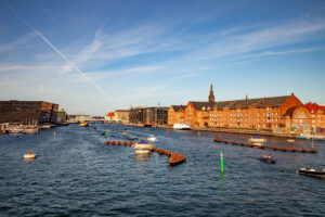 COPENHAGEN, DENMARK - MAY 6, 2018: aerial view of cityscape with river and boats
