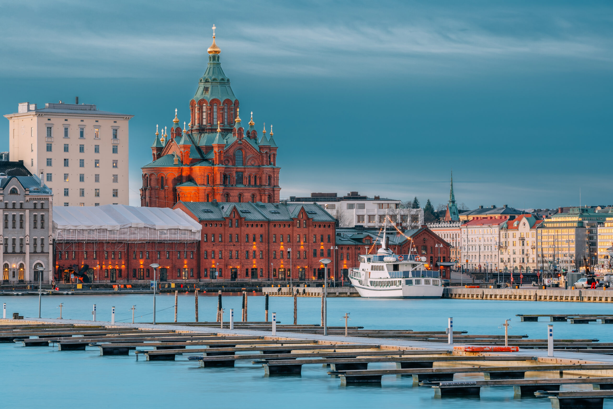 Helsinki, Finland. Kanavaranta Street With Uspenski Cathedral In Winter Morning.