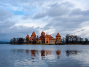A mesmerizing view of Trakai Island Castle in Trakai, Lithuania surrounded by calm water