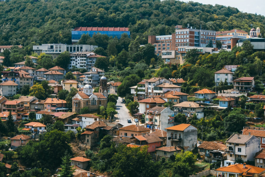 Panoramic view of the ancient city in Bulgaria. The old capital of Bulgaria Veliko Tarnovo. Historical places in Europe. Tourist routes