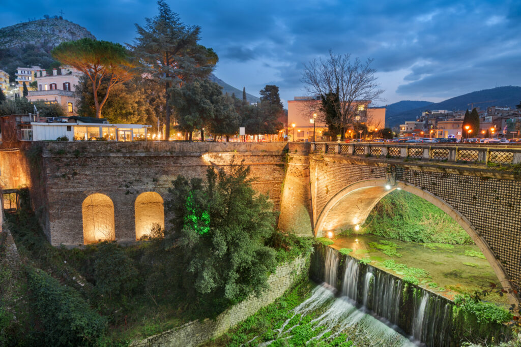 Tivoli, Italy town cityscape and old architecture at dusk.