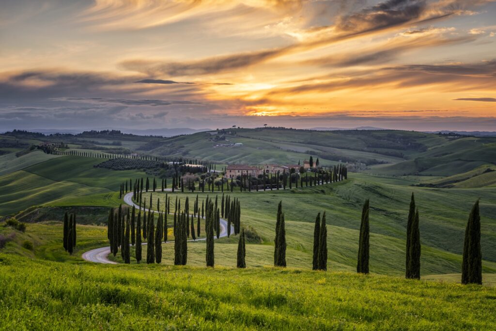 Sunset over a iconic villa in Tuscany, Italy