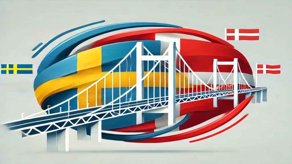 Bridge with mixed flags of Norway and Sweden – symbolizing connection between the two Scandinavian countries
