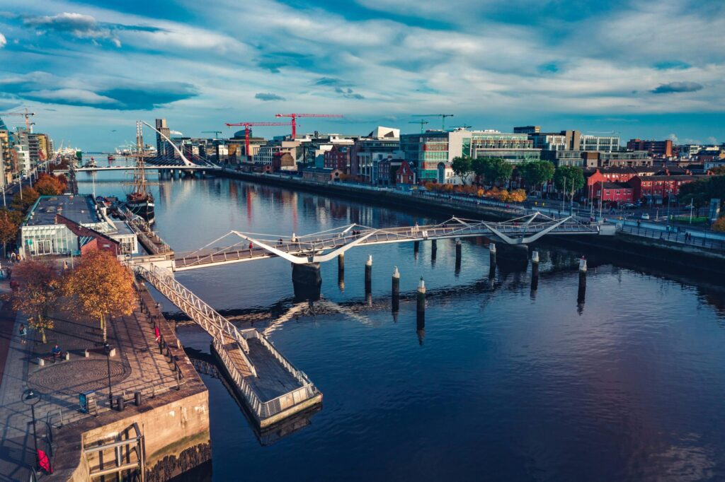 Scenic view of Dublin’s River Liffey with the Ha’penny Bridge and modern skyline—highlighting living in ireland vs netherlands comparison.