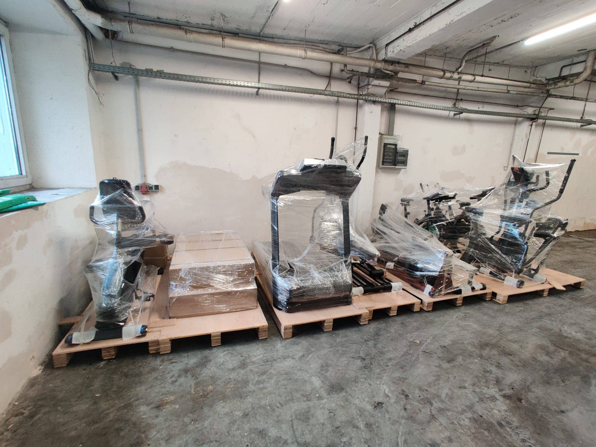 Gym machines and boxes, carefully shrink-wrapped and placed on pallets in a warehouse, ready for secure shipment to the Netherlands.