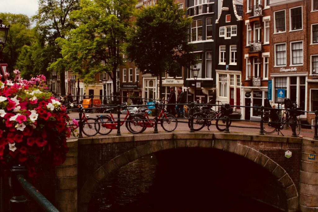 A stone canal bridge in a Dutch city, lined with bicycles locked to its railing. Tall, narrow brick buildings with gabled façades and shopfronts rise behind the bridge. A large planter overflowing with pink and white flowers sits at the bridge’s edge, and trees with green leaves frame the scene. The water below reflects the bridge’s arch, and a few pedestrians walk past in the background.