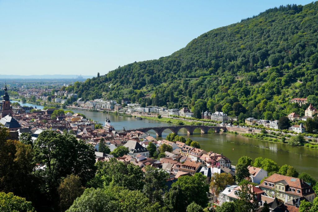 Panoramic view of a riverside European town with a stone bridge and green hills, used to illustrate smooth removals to Hungary with VANonsite.