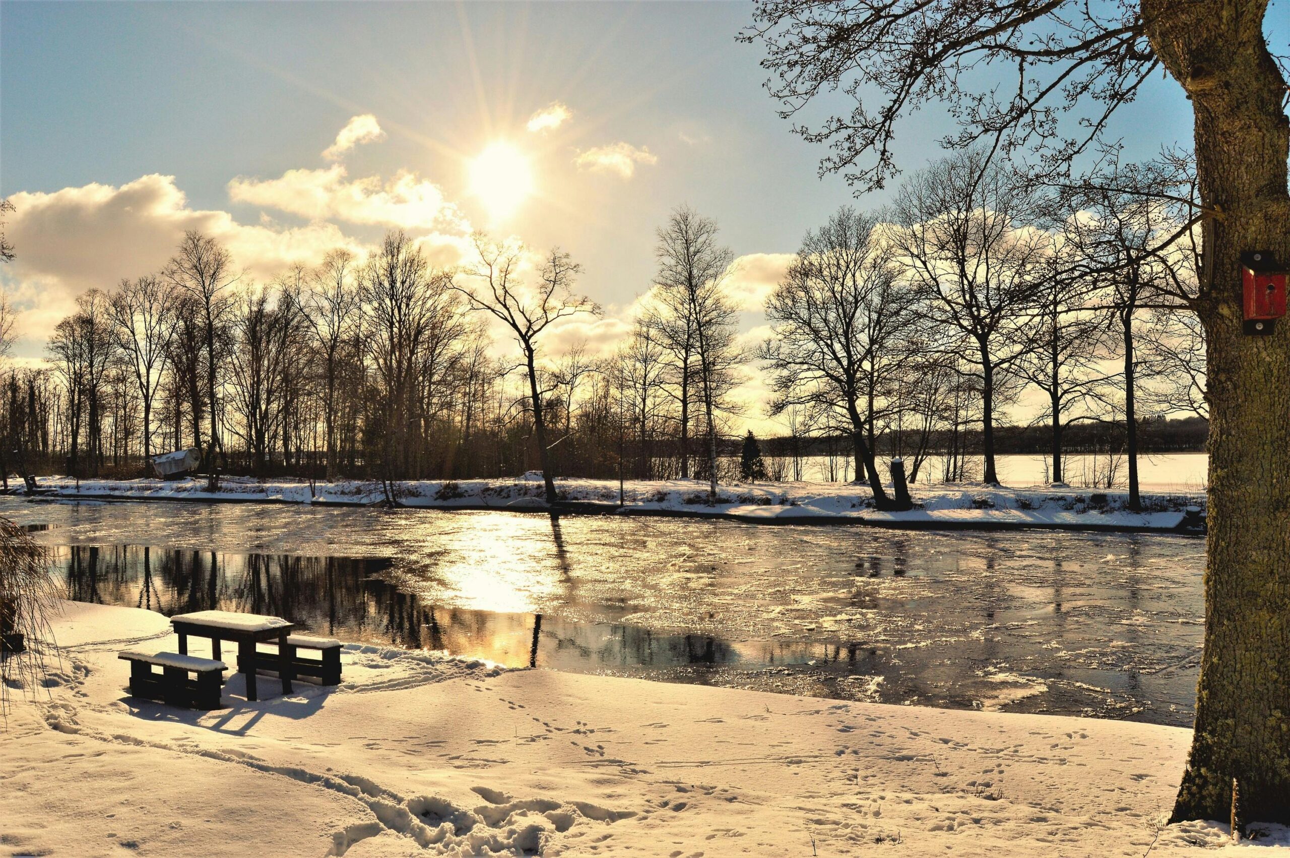 Snowy riverside park at sunset in Northern Europe, showing a peaceful winter landscape that reflects the destinations served by VANonsite European relocations and international removals.