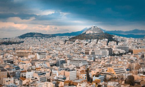 An aerial shot of Mount Lycabettus, Athens, Greece