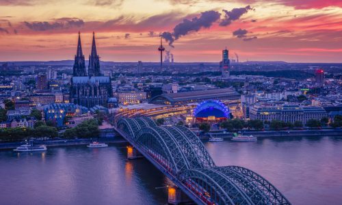 Cologne Koln Germany during sunset, Cologne bridge with the cathedral. beautiful sunset at the Rhine river