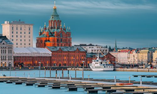 Helsinki, Finland. Kanavaranta Street With Uspenski Cathedral In Winter Morning.