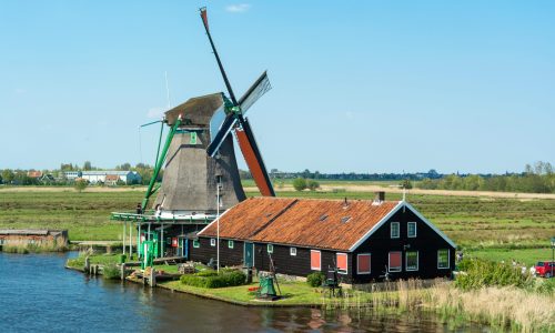 Traditional Dutch windmill and farmhouse in lush green polders under a clear blue sky, reflecting rural life in the Netherlands countryside.