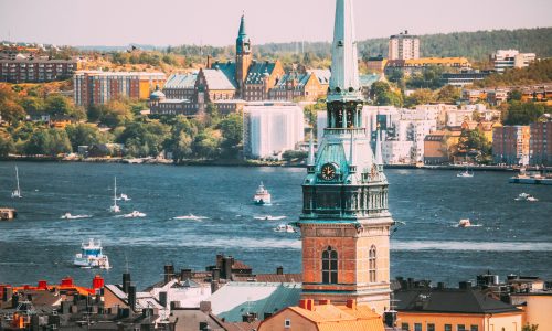 Stockholm, Sweden. Scenic View Of Skyline At Summer Day. Elevated View Of German St Gertrude's Church. Famous Popular Destination.
